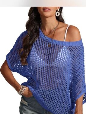 Blue Open-Knit Off-Shoulder Sweater Top